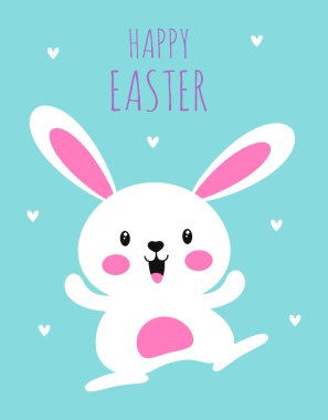 Beyaz tavşan danslı paskalya kartı, şirin tavşan, mutlu Paskalya günü, çizgi film karakteri tasarımı, mavi arka planda izole edilmiş vektör illüstrasyonu