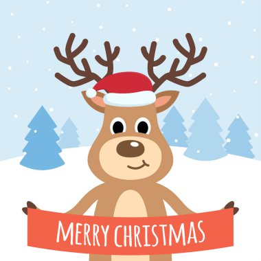 Kar ve Noel ağacı olan şirin bir ren geyiği. Kış ve tatil atmosferi. Vektör İllüstrasyonu.