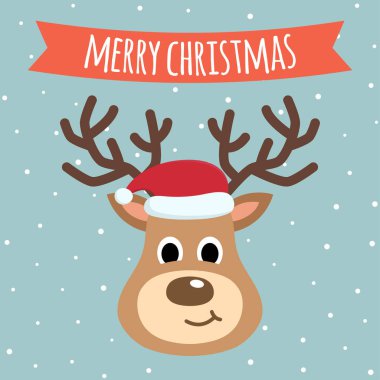 Ren geyiği çizgi filmi Noel Baba şapkasıyla yakın plan. Mutlu Noeller tebrik kartı. Kış ve tatil atmosferi. Vektör İllüstrasyonu.