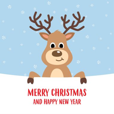 Mutlu noel bayrağıyla ren geyiği. Neşeli ren geyikleri Noel 'i kutluyor.