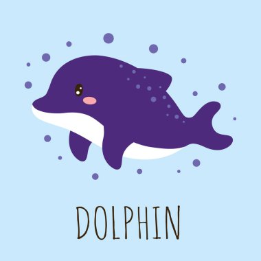 Çizgi film yunusu ile şirin kart mavi, vektör illüstrasyon