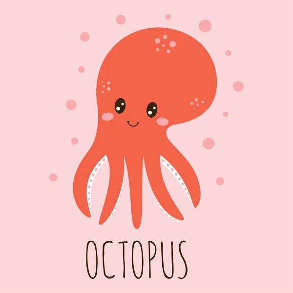 Cute Red Cartoon Octopus Isolated Sea Ocean Theme Flat Vector — Stock Vector