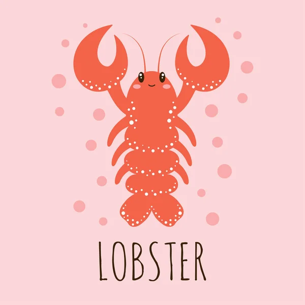 Cute Card Cartoon Lobster Isolated Pink Vector Illustration — Stock Vector