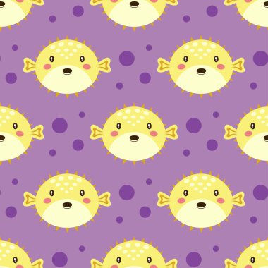 Şirin balon balığı, kirpi balığı, balon balığı, kirpi balığı ya da balonbalığının kabarcıklı, karikatür balık desenli arka planı, vektör çizimi, deniz hayvanları.