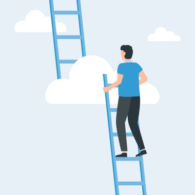 İnsanoğlu gökyüzünde daha yüksekte olan her bulut üzerindeki hedefe ulaşmak için merdivene tırmanır. Bulutlara tırmanarak kariyer yapma kavramı. Vektör illüstrasyonu