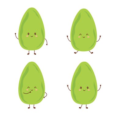 Duyguları izole edilmiş karikatür fıstığı, beyaz arka planda mutlu ruh halinde bir grup tatlı yemek karakteri, duygusal yeşil fındıklı vektör çizimi.