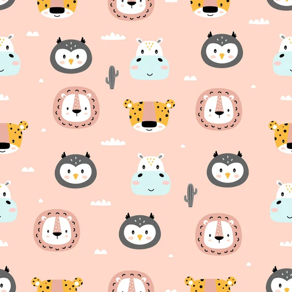 Motif Sans Couture Mignon Avec Hibou Hippopotame Jaguar Lion Cactus — Image vectorielle