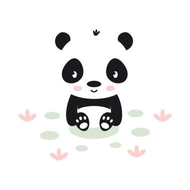 Beyaz arka planda izole edilmiş şirin panda, sevimli hayvanlar, İskandinav tarzı, basit tasarım.