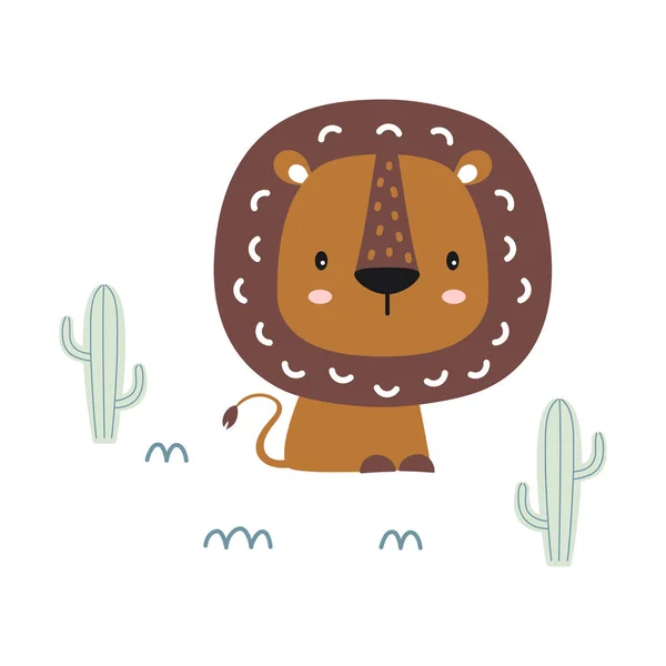 Ilustración Vectorial Lindo León Divertido Cactus Aislado Blanco Estilo Escandinavo — Archivo Imágenes Vectoriales