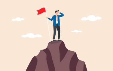 Elinde kırmızı bayrak olan başarılı bir iş adamı karakteri yüksek kayanın, hedef başarının, mali kazancın ve zenginliğin üzerinde duruyor. Vektör illüstrasyonu