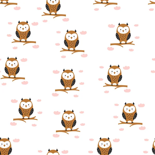 Seamless Pattern Cute Owl Branch Isolated White Background Vector Illustration — Stock Vector
