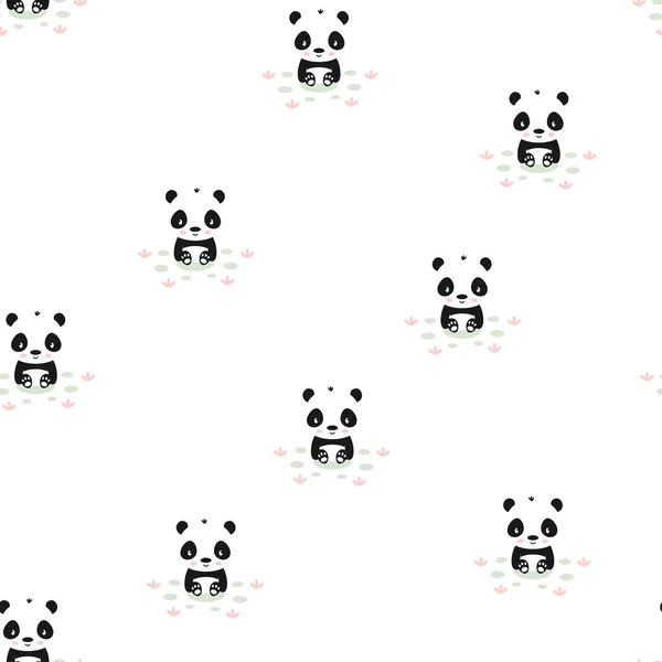 Panda Zökkenőmentes Minta Növények Aranyos Vektor Háttér Baba Állat Panda — Stock Vector