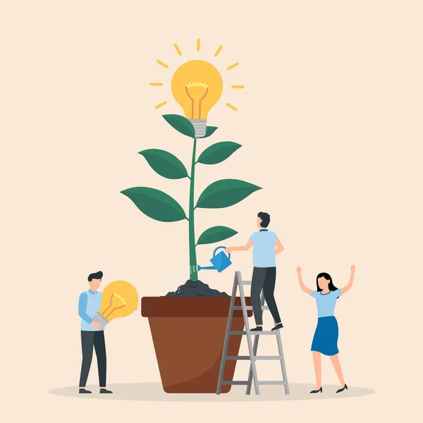人们为实现目标而共同努力 商业团队用灯泡浇灌生长的树 平面矢量图解 — 图库矢量图片