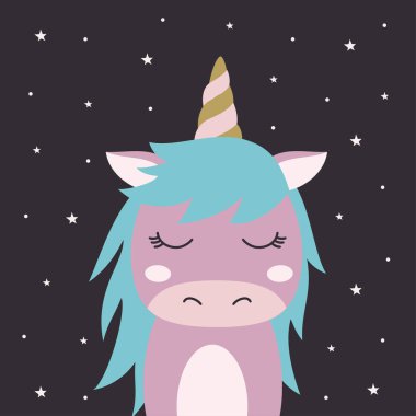 Tek boynuzlu at portresi şirin sanat, bebek stili illüstrasyon, çocuk odası baskısı, vektör illüstrasyonu