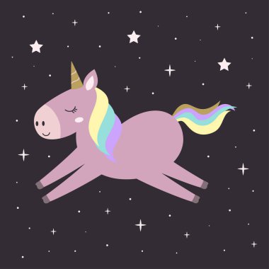 Gökyüzünde uçan sevimli pembe tek boynuzlu at. Siyah arka planda izole edilmiş yıldızlar. Çocuklar için güzel tek boynuzlu at.