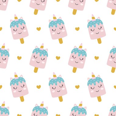 Beyaz zemin üzerinde izole edilmiş tek boynuzlu at dondurması kusursuz desen, ambalaj kağıdı, ambalaj kağıdı, tekstil, kıyafet, çocuk baskısı için mükemmel tasarım.