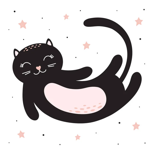 Schlafende Schwarze Katze Mit Sternen Auf Weißem Hintergrund Vektorillustration — Stockvektor