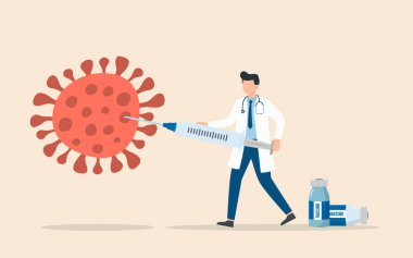 Aşı şırıngası olan doktor COVID-19 virüsünü öldürüyor. Koronavirüs enfeksiyonunu önlemek ve tedavi etmek için şırınga aşısı vuruyor. Coronavirus aşısı araştırmasının sonucu. Vektör illüstrasyonu.