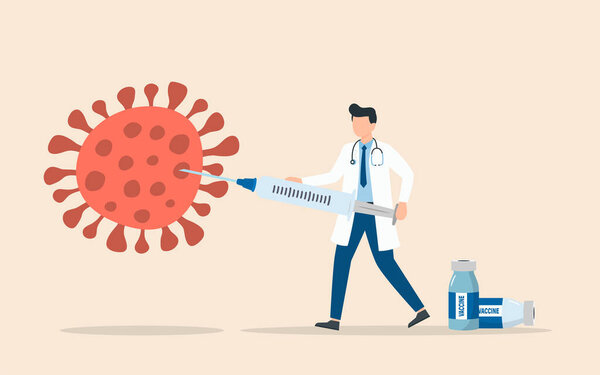 Doctor with Vaccine syringe killing COVID-19 virus, syringe immunization injection for prevention and treatment of coronavirus infection. Result of Coronavirus vaccination research. Vector illustration.