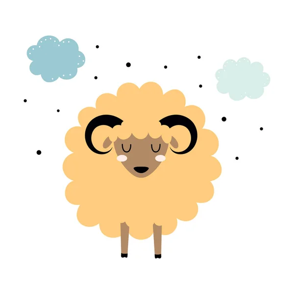 Vector Illustration Cute Beige Sleeping Sheep Clouds Closed Eyes Adorable — Stock Vector