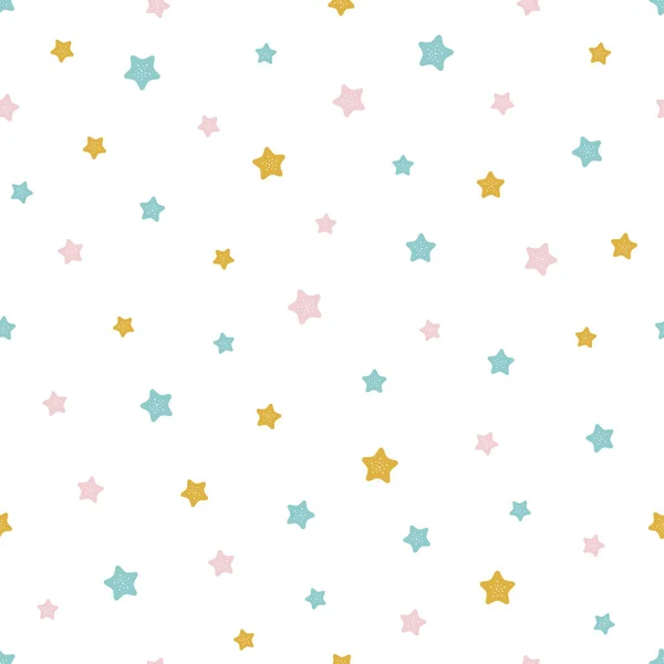光のシームレスなパターンは 白の背景に金色 青とピンクの星を飾る 赤ちゃんシャワーベクトルイラスト — ストックベクタ