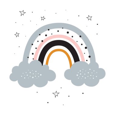 Çocuklar için bohem gökkuşağı çizimi, İskandinav tarzı veya bebek baskısı şeklinde şirin gökkuşağı karikatürü, vektör çizimi