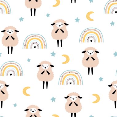 Koyunlar, gökkuşağı ve ay beyaz arka planda izole edilmiş, hayvanlarla renksiz desen, vektör ilüstrasyonu