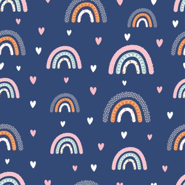 Sevimli gökkuşağı ve kalplere sahip kusursuz çocuksu desen kumaş, sarma, tekstil, duvar kağıdı, giysi, vektör çizimi için yaratıcı İskandinav çocuk dokusu