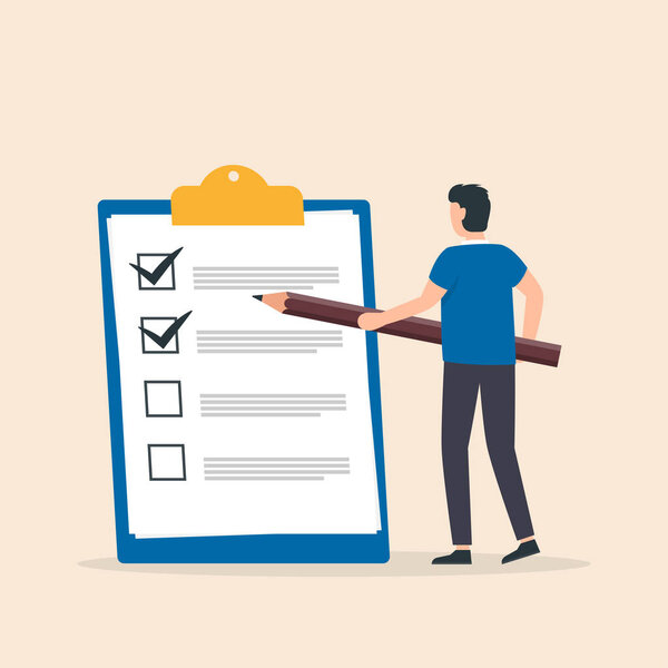 Бизнесмен и контрольный список. Человек с карандашом во время просмотра готового контрольного списка в буфере обмена. Концепция планирования достижения целей. Векторная иллюстрация