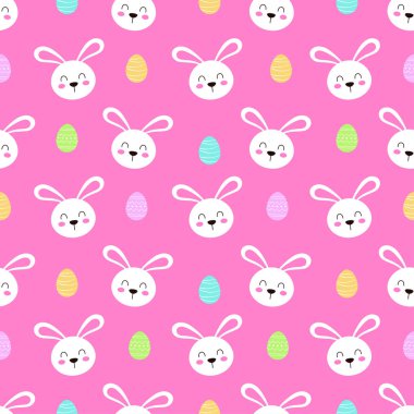 Küçük tavşan ve renkli yumurtalarla şirin bebek deseni, çizgi filmlerdeki hayvan çocuk baskısı, tatlı tavşanlı arka plan, paskalya dikişsiz desen