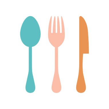 Beyaz arka planda izole edilmiş çizgi film tarzında servis, renkli çatal, kaşık ve bıçak setinin vektör çizimi, yemek yemek için mutfak elementleri