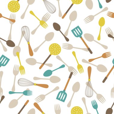 Beyaz arka planda izole edilmiş sevimli çatal bıçak deseni, renkli mutfak spatulası, çırpıcı, süzgeç ve çatal bıçak takımı, basit düz stil.