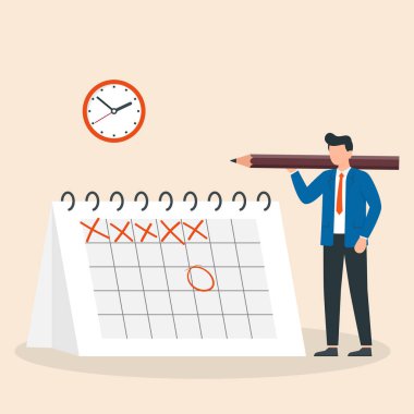 Zaman yönetimi, son teslim tarihi. Marka etkinliği. Adam işini planlıyor. Planlama toplantısına gün çizimi. Vektör illüstrasyonu