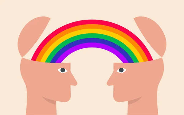 Profile Silhouette Two Heads Connected Rainbow Creative Partnership Imagination Teamwork — Stock Vector