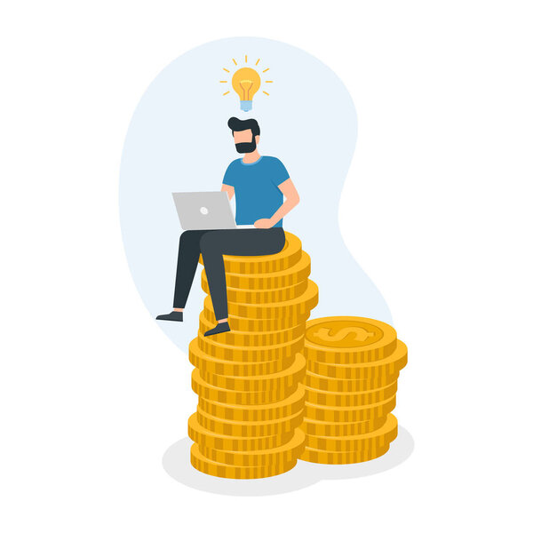 Man sitting on money coin stack and working with laptop. Work on project. Vector illustration.