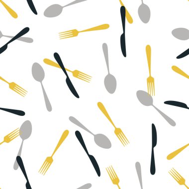 Mutfak masası siluetlerinden yapılmış kusursuz vektör deseni, renkli kaşık, beyaz arka planda çatal ve bıçak.