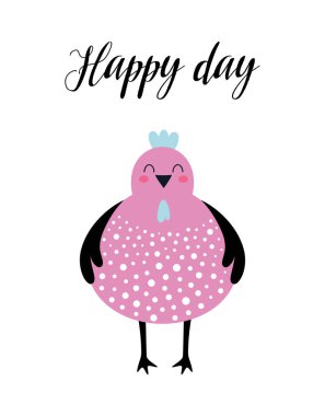 İskandinav tarzı şirin paskalya kartı, beyaz arka planda izole edilmiş renkli tavuk.