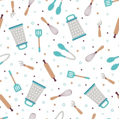 Beyaz arkaplanda kusursuz mutfak araçları deseni, basit düz çizgi film tarzında vektör rengi çizimi, çırpıcı, öğütücü, maşa, merdane ve spatula