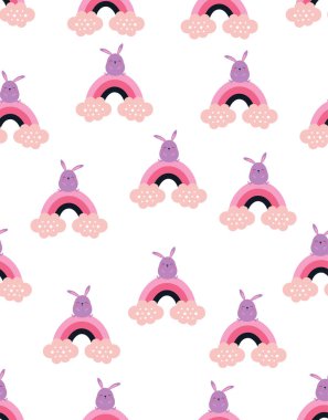 Beyaz arka planda izole edilmiş tavşan deseni, gökkuşağında mutlu şirin tavşan, çocuklar için çizgi film tavşan çizimi, paskalya deseni