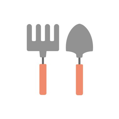 bahçe aletleri kürek ve tırmık beyaz arka planda izole, vektör çizimi düz çizgi film tarzı, yerli portakalcılık ve bakım konsepti, bahçe ve tarım hobileri