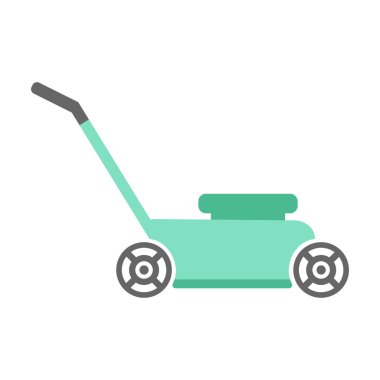 Beyaz arka planda izole edilmiş çim biçme makinesi, vektör illüstrasyon, çizgi film çim biçme makinesi ile bahçe biçme konsepti