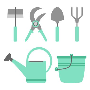 Beyaz arkaplanda izole edilmiş bahçe aletleri, kova, bahçe küreği ve çapa, secateurs, tırmık ve sulama kutusu, basit düz çizgi filmdeki vektör çizimi