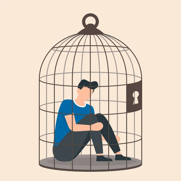 Depression Och Förtvivlan Ung Man Som Sitter Inne Fågelbur Isolerad — Stock vektor