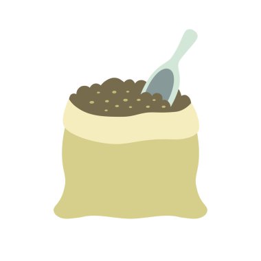 Gübre toprak çuvalı ikonu, beyaz arka planda izole edilmiş gübre karikatür vektör illüstrasyonu, kürekle siyah toprak torbası