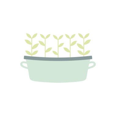 Ekin üretimi, büyüyen sebzeler, bahçıvanlık filizleri, bitkilerin büyümesi, vektör illüstrasyonu, beyaz arka planda izole edilmiş saksıda filizlenme.