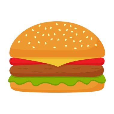 Burger American 'da. Beyaz arka planda marul, domates, peynir, sığır eti ve soslu hamburger. Fast food yemeği. Vektör illüstrasyonu