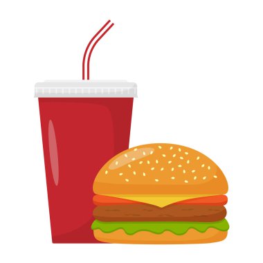 Çizburger ve soda beyaz arka planda izole edilmiş. Hamburger, hamburger ve soda. Fast food, sokak yemeği. Vektör İllüstrasyonu