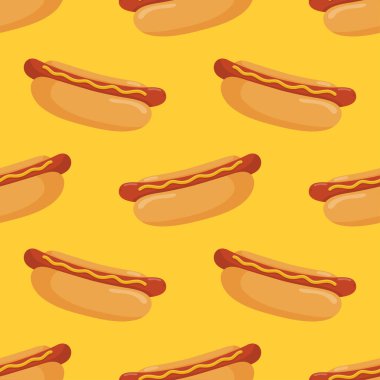 Sosisli sandviçle kusursuz desen. Fast food, sokak yemeği. Sosisli ve hardal soslu sosisli sandviç. Vektör illüstrasyonu