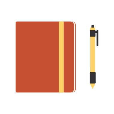 düz arkaplan üzerinde izole edilmiş, eğitim, ofis ekipmanları veya seyahat ögesi için uygun defter ve kalem vektör illüstrasyonu