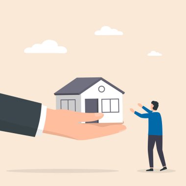 Emlakçı, Palm 'daki bir evi almak için elini uzatıyor. Satın alma evi, emlak kiralama. Vektör illüstrasyonu.